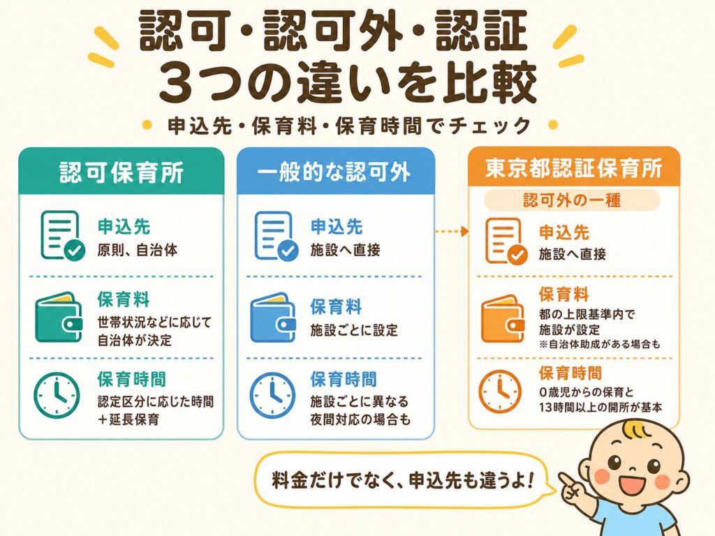 認可保育所・一般的な認可外保育施設・東京都認証保育所の申込先、保育料の決まり方、保育時間を比較した図解