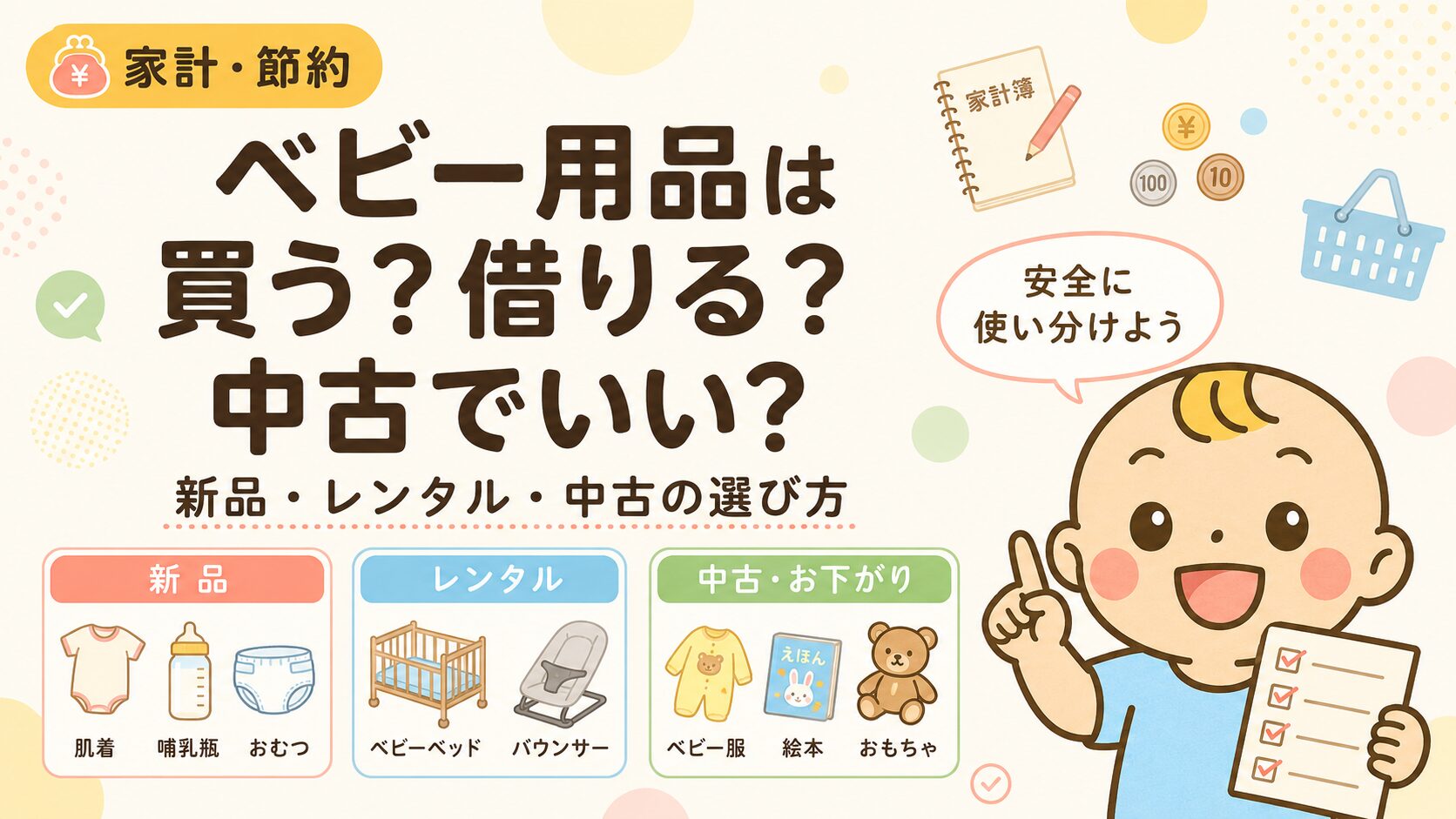 ベビー用品を新品・レンタル・中古で使い分ける選び方を解説するアイキャッチ画像