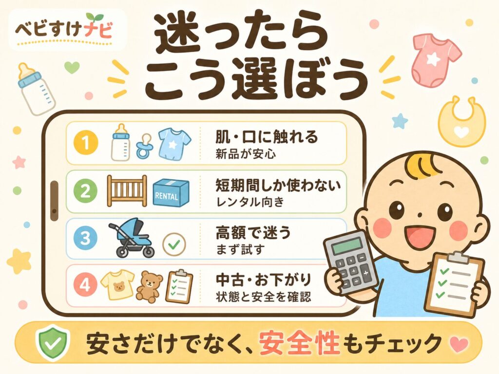 ベビー用品を買う借りる中古で迷ったときの判断ポイントをまとめた図解