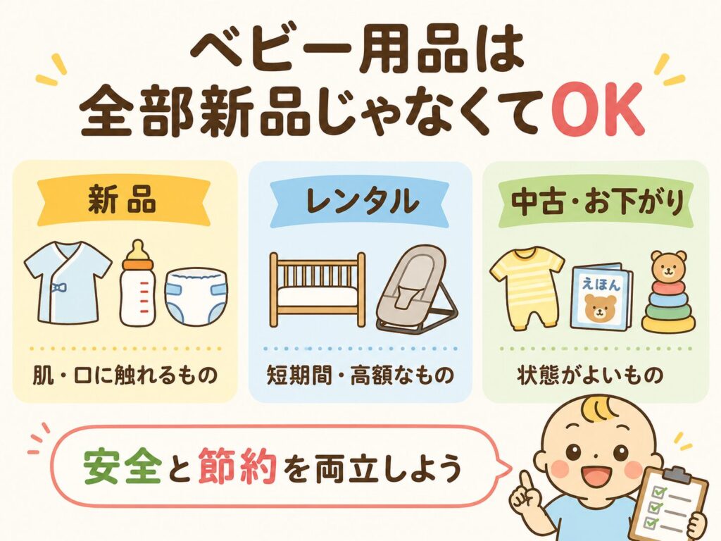ベビー用品を新品・レンタル・中古で使い分ける考え方の図解