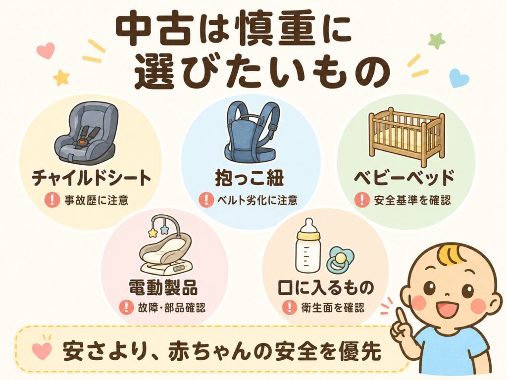 中古で使う場合に慎重に選びたいベビー用品をまとめた図解