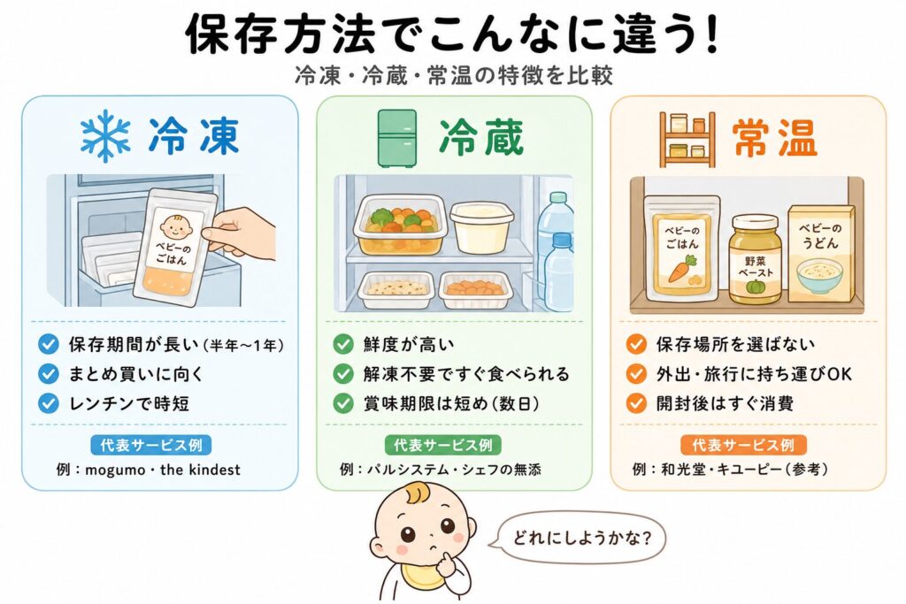 宅配離乳食の保存方法を冷凍・冷蔵・常温で比較した図解