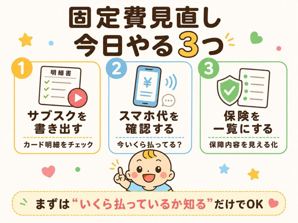 固定費見直しのために今日やる3つをまとめた図解