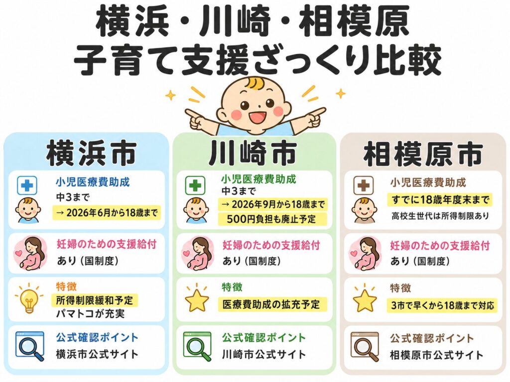 横浜市・川崎市・相模原市の子育て支援を3カラムで比較し、小児医療費助成・妊婦のための支援給付・特徴・公式確認ポイントを整理した図解