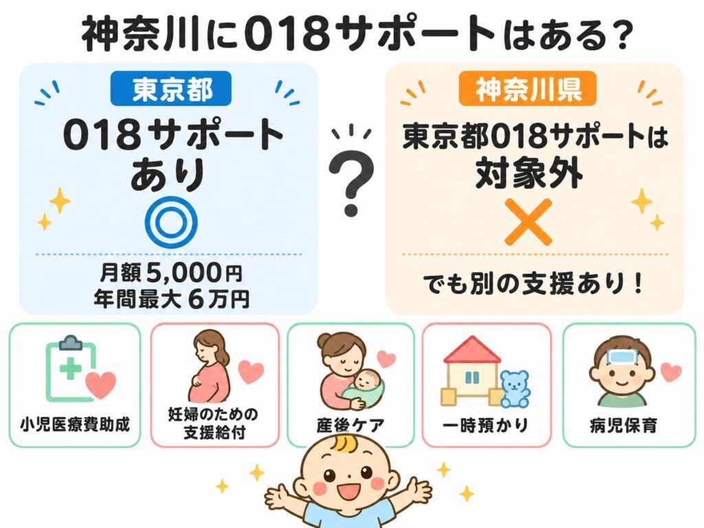 神奈川に018サポートはあるかを、東京都は018サポートあり・神奈川県は対象外だが別の支援があると比較した結論早見図
