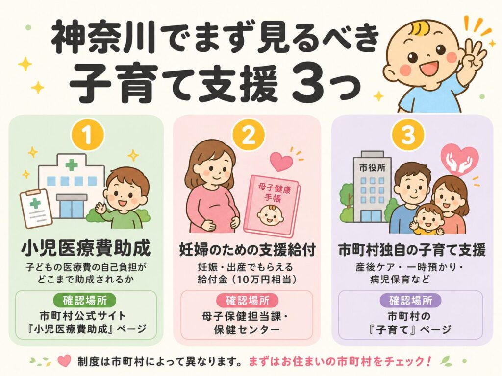 神奈川でまず見るべき子育て支援3つとして、小児医療費助成・妊婦のための支援給付・市町村独自の子育て支援を3カードで整理した図解