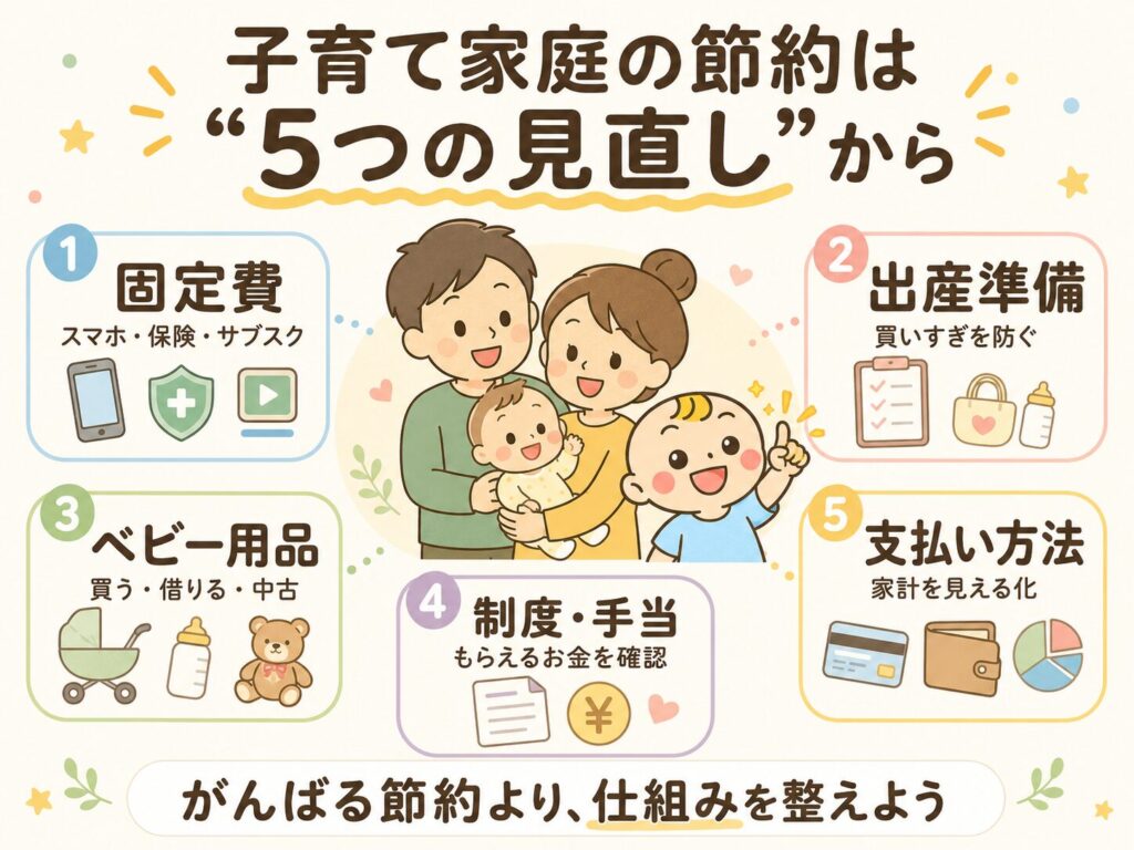 子育て家庭の節約で見直したい固定費・出産準備・ベビー用品・制度・支払い方法の5つをまとめた図解