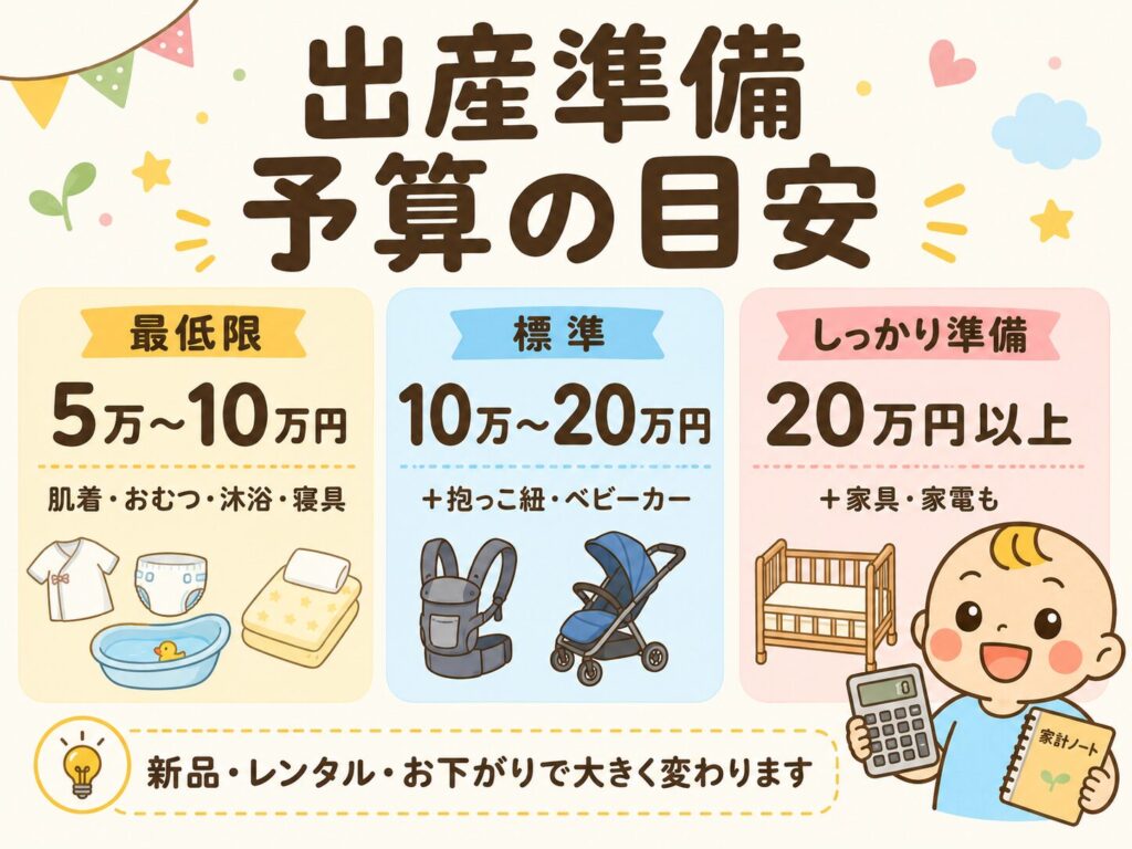 出産準備にかかる予算の目安を3段階でまとめた図解