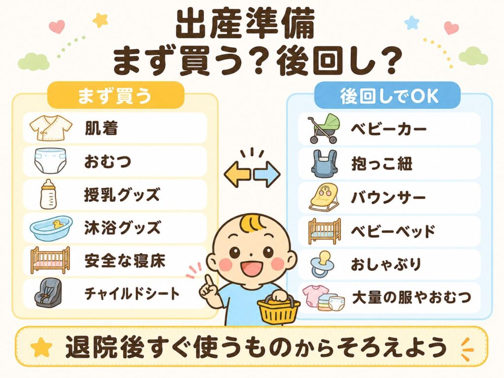 出産準備でまず買うものと後回しでいいものを比較した図解