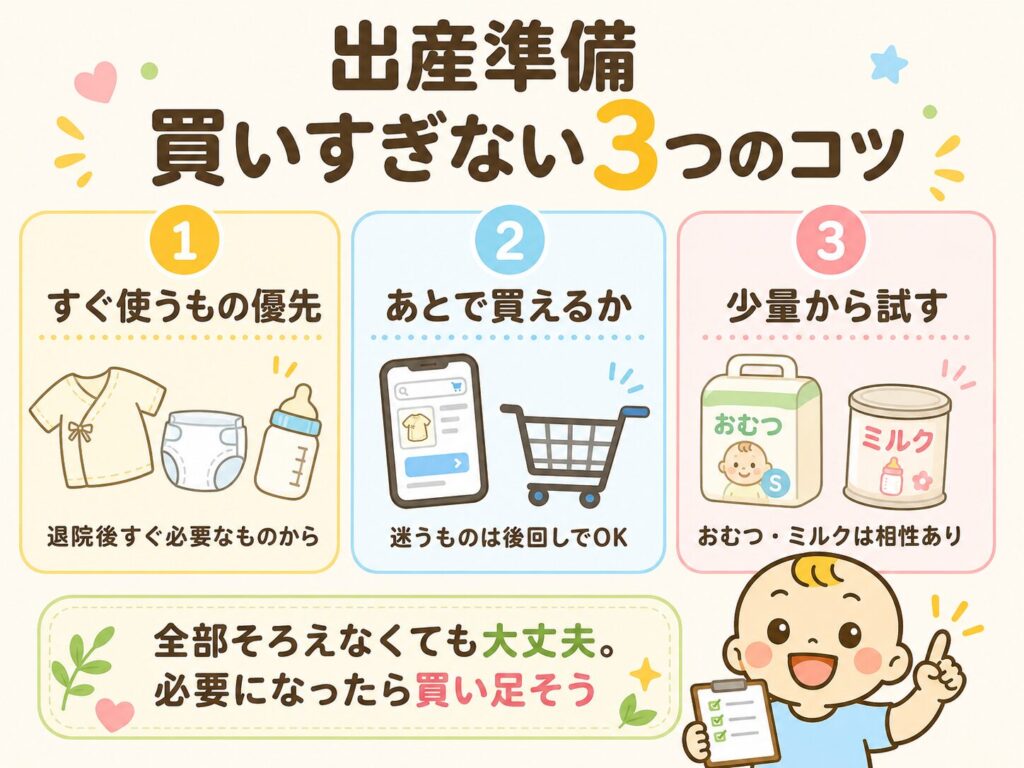 出産準備で買いすぎないための3つの考え方をまとめた図解