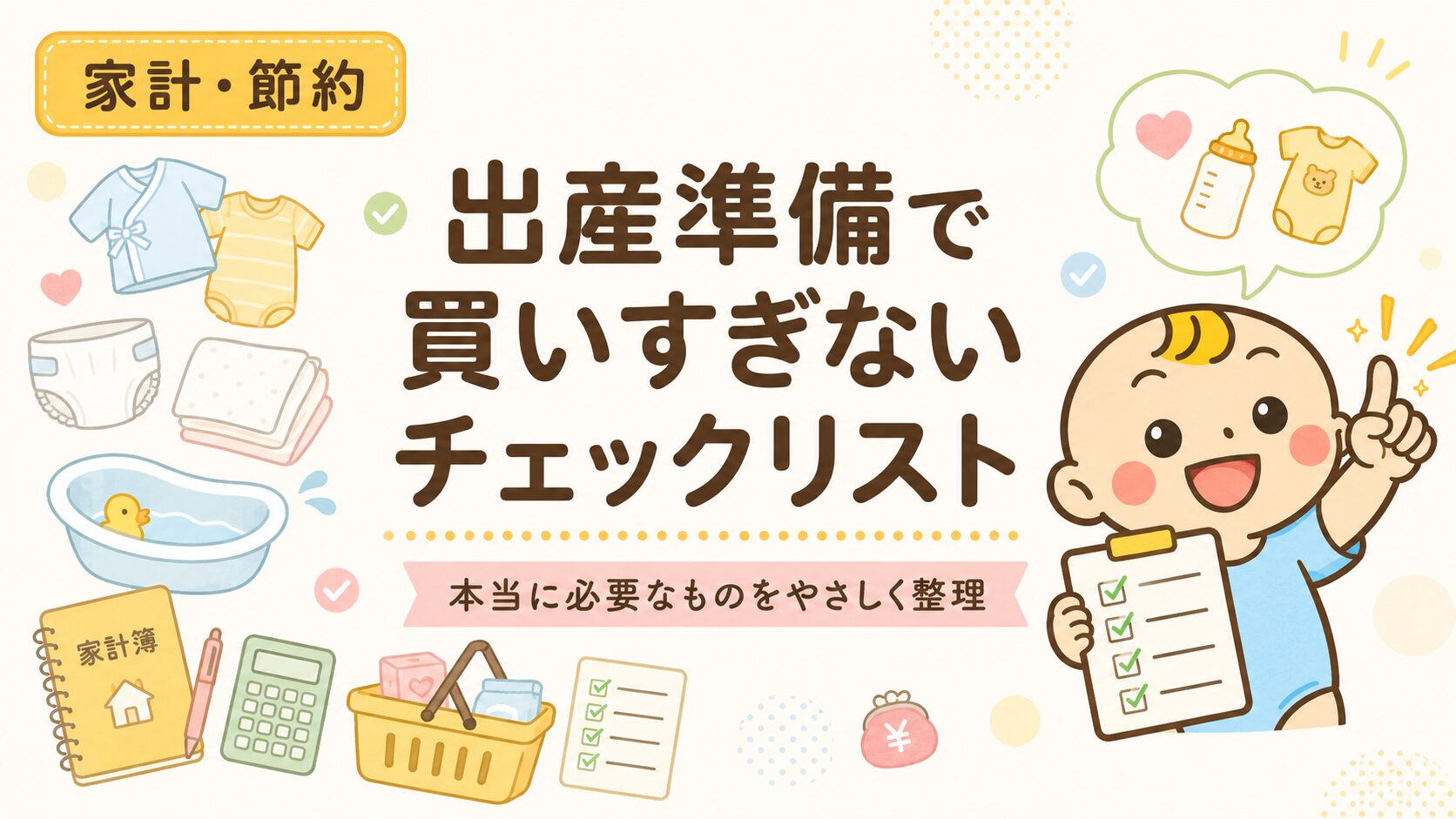 出産準備で買いすぎないためのチェックリストをやさしく紹介するアイキャッチ画像