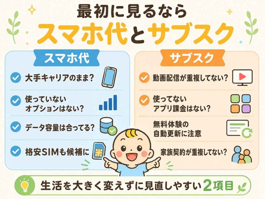 子育て家庭が最初に見直したいスマホ代とサブスクを比較した図解