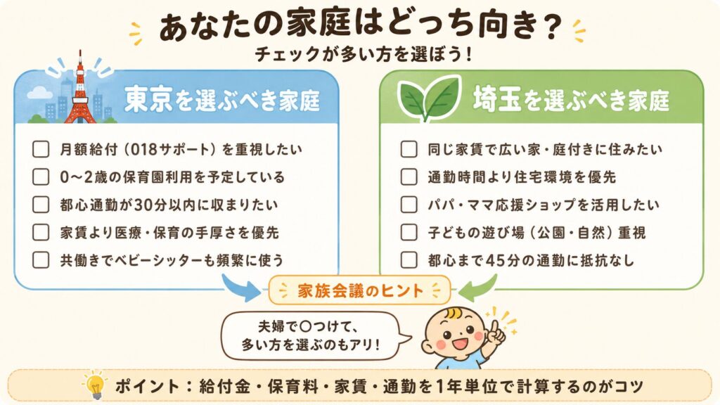 東京と埼玉どちらが家庭に向いているかをチェックリストで判断する図解
