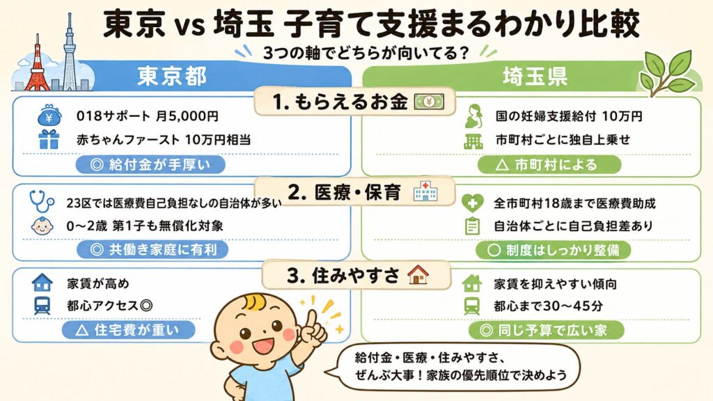 東京都と埼玉県の子育て支援をお金・医療保育・住みやすさの3軸で比較したサマリー図解