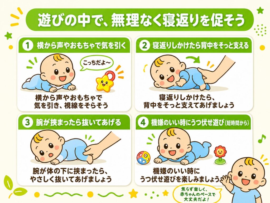 遊びの中で無理なく寝返りを促す関わり方4つをまとめた図解
