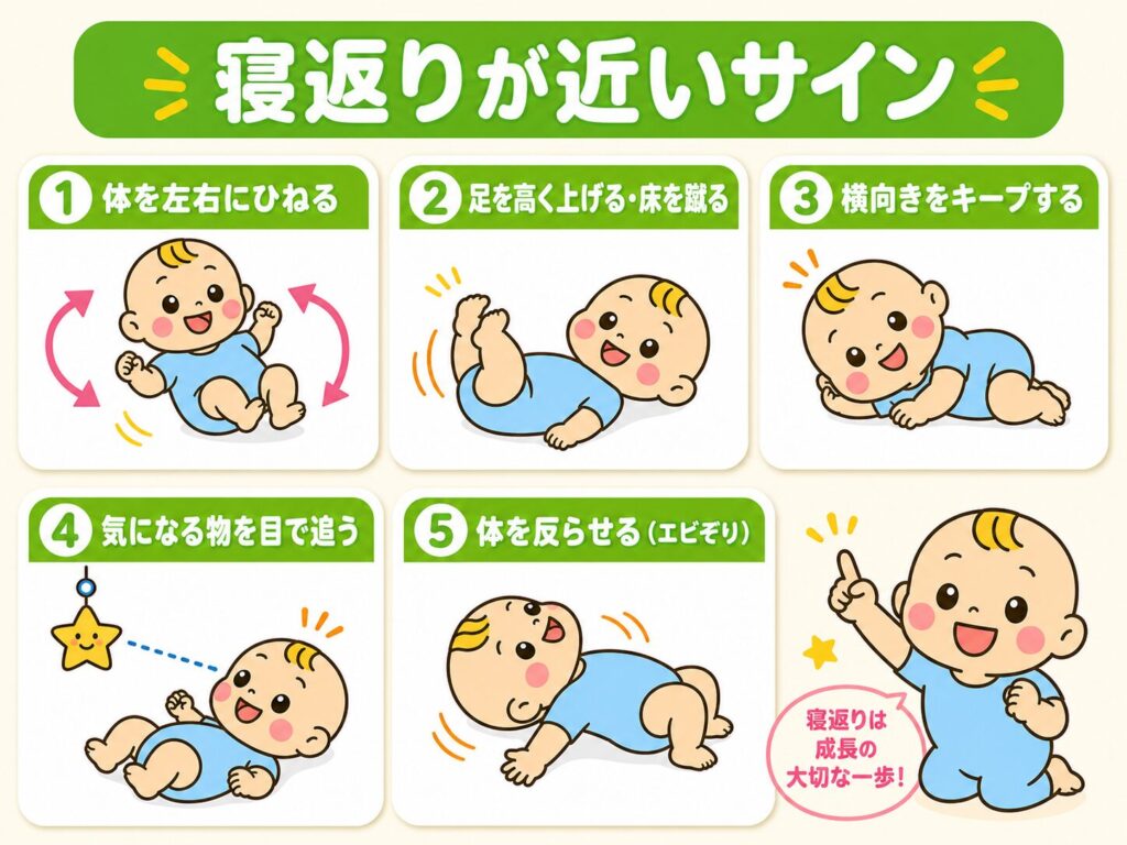 寝返りが始まる前によく見られる5つのサインをまとめた図解