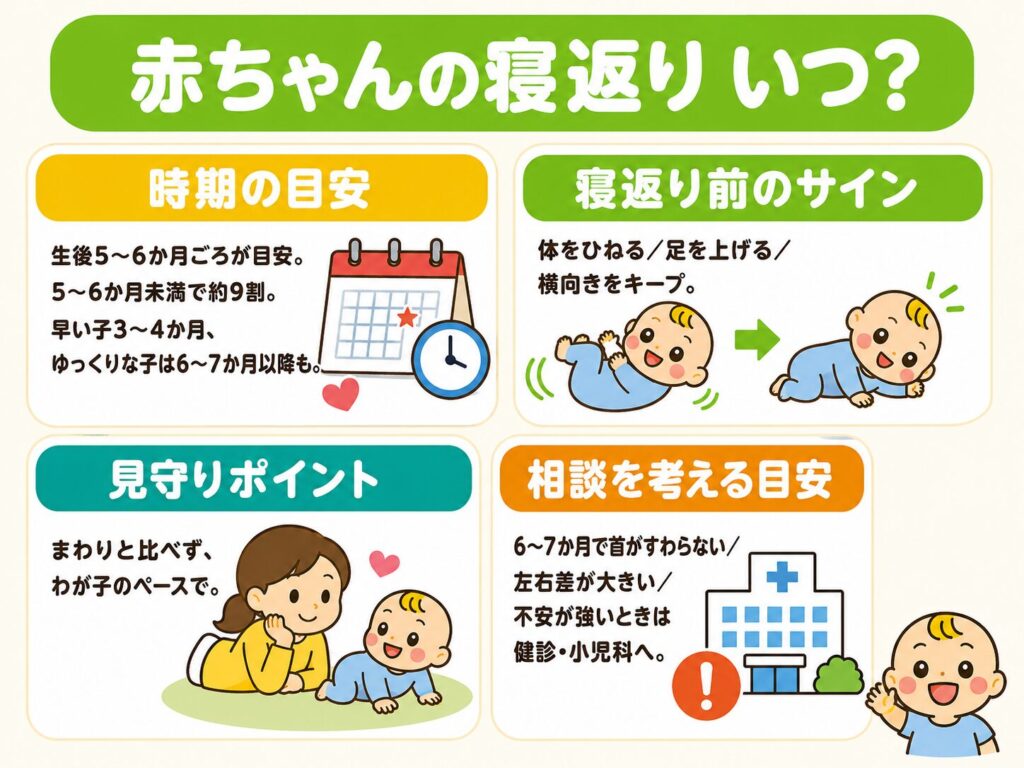 赤ちゃんの寝返りの目安時期・前兆・見守りポイント・相談の目安をまとめた図解
