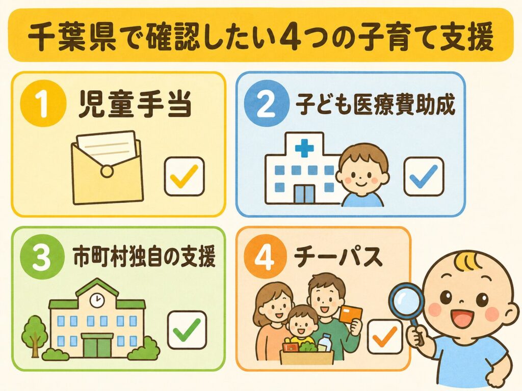 千葉県で確認したい4つの子育て支援を示した図解