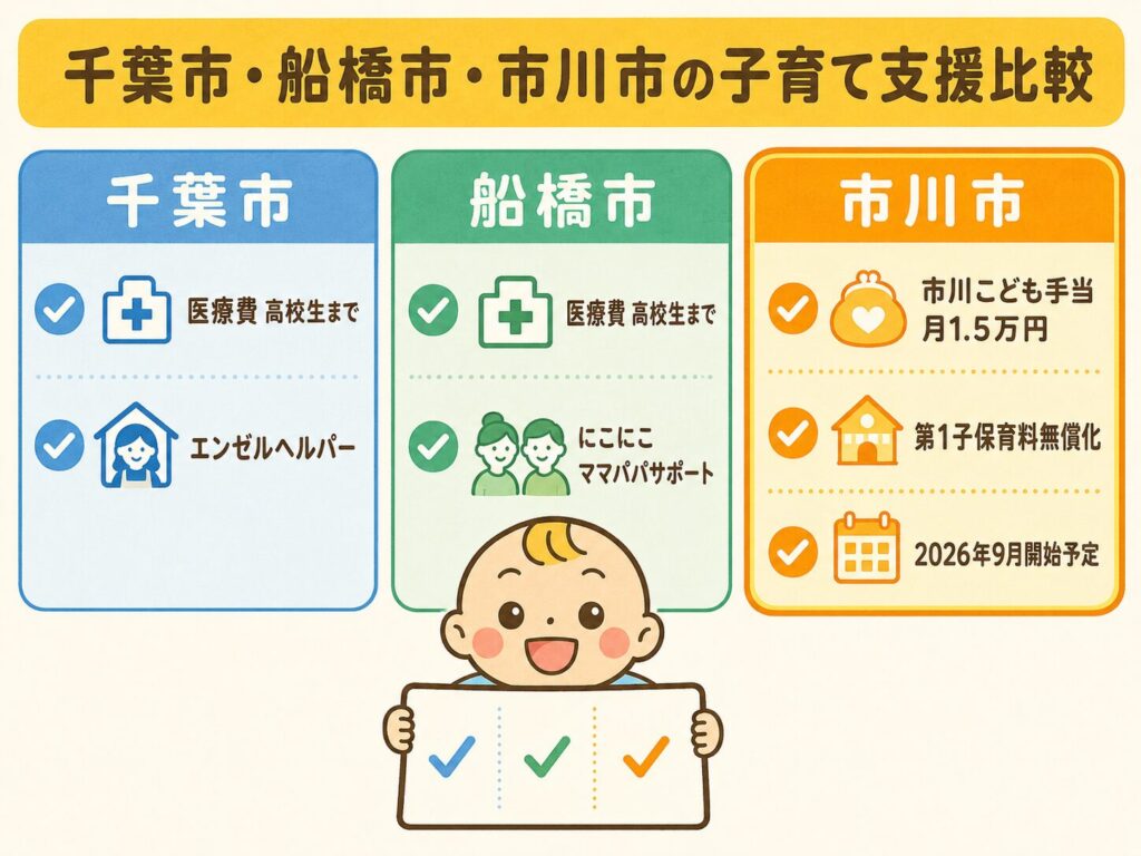 千葉市・船橋市・市川市の主な子育て支援を比較した図解