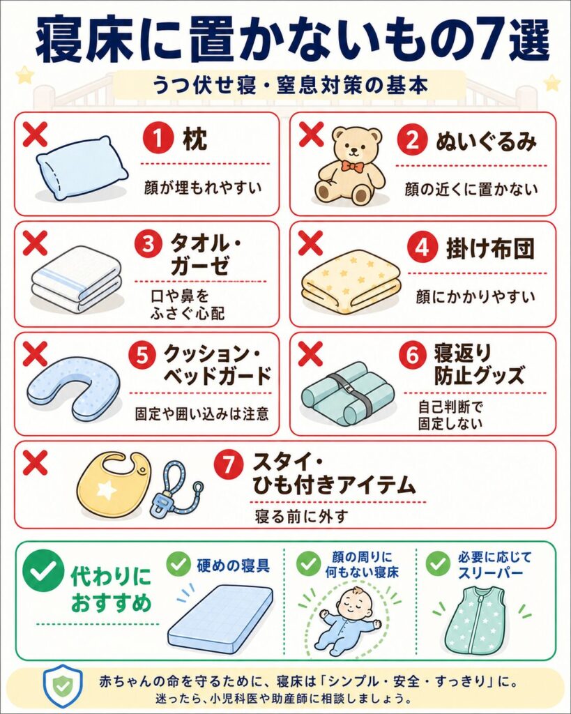 赤ちゃんの寝床に置かない方がいいもの7選（枕・ぬいぐるみ・タオル・掛け布団など）を示した図解