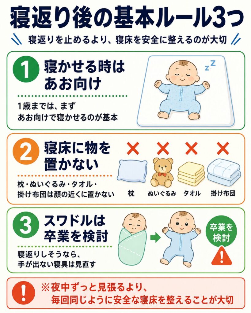 寝返り後の基本ルール3つ（寝かせる時はあお向け・寝床に物を置かない・スワドルは卒業を検討）を示した図解