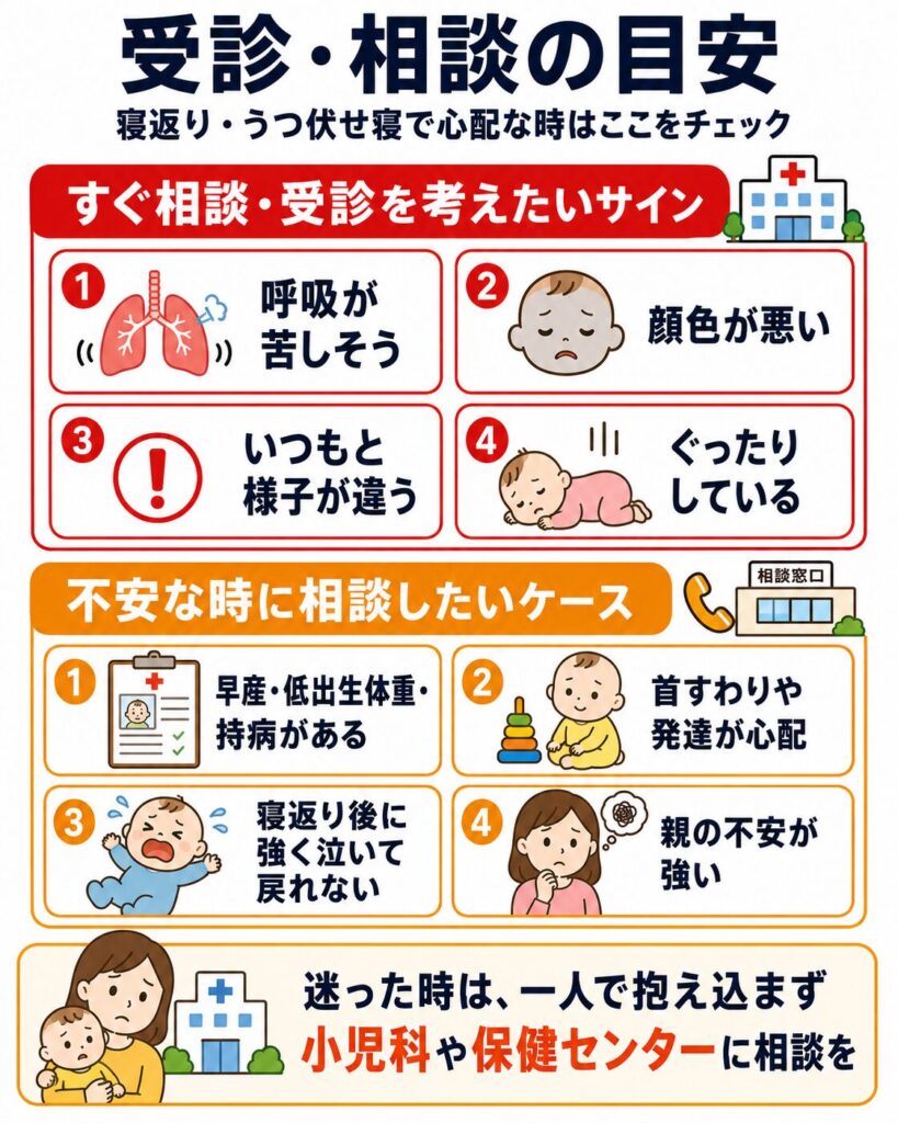 赤ちゃんの寝返り・うつ伏せ寝で受診や相談を検討する目安を示した図解
