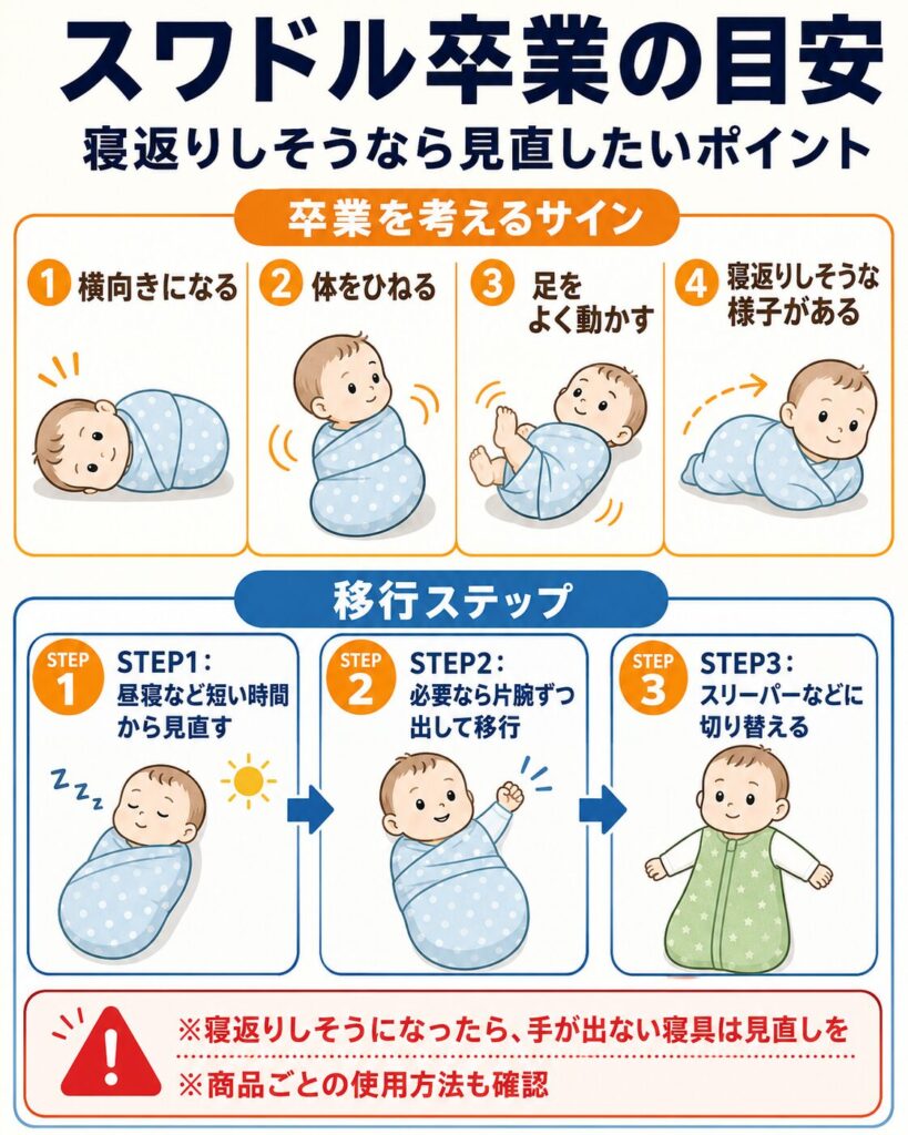 スワドル・おくるみ卒業の目安（寝返りしそうなサインと移行ステップ）を示した図解