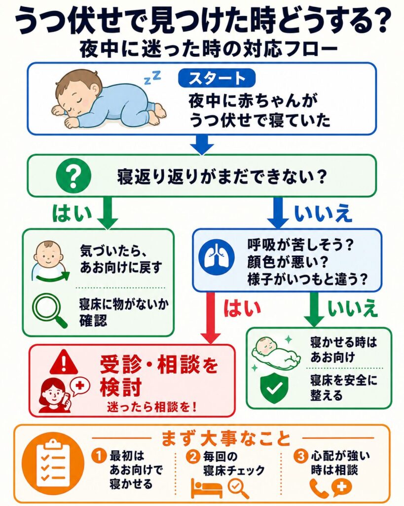 夜中に赤ちゃんがうつ伏せで寝ていた時の対応フロー（寝返り返りの可否と様子で判断）を示した図解