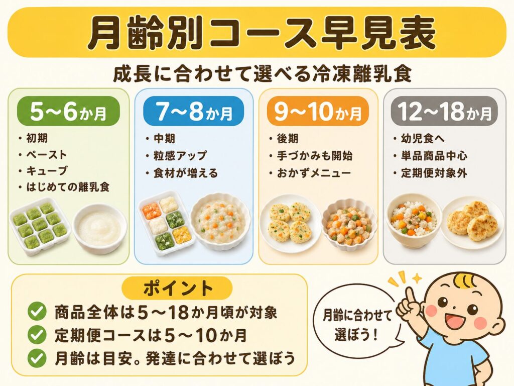ファーストスプーンの5か月から18か月頃までの月齢別商品早見表