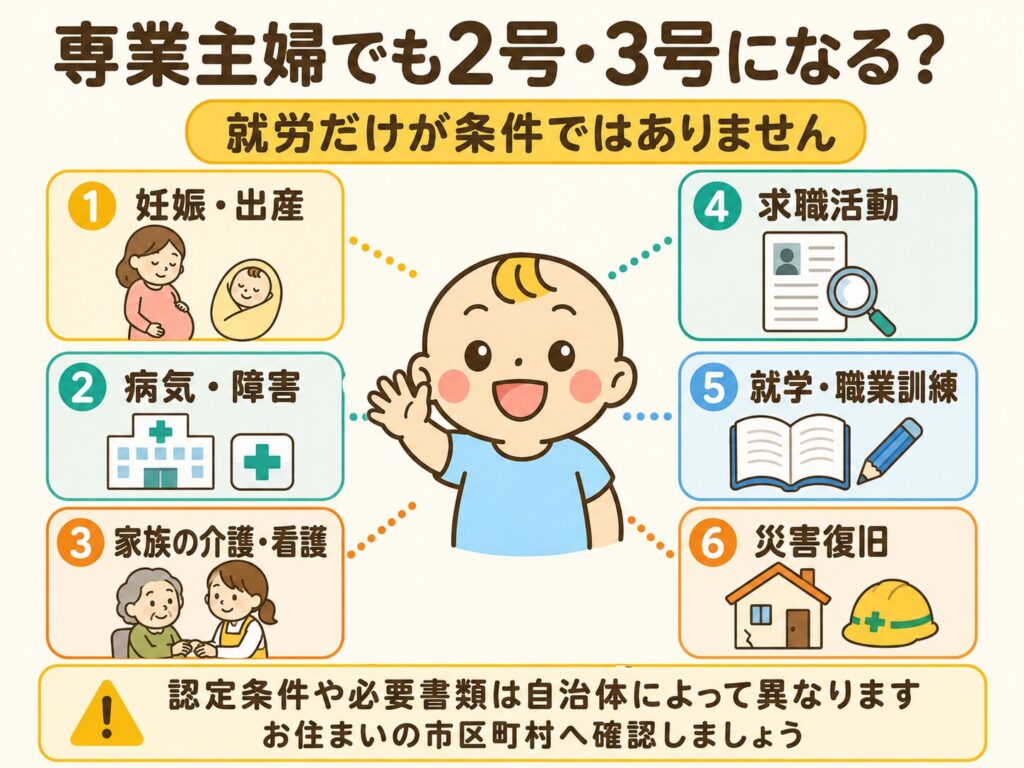 専業主婦でも2号・3号認定の対象になり得る保育を必要とする事由を示した図解