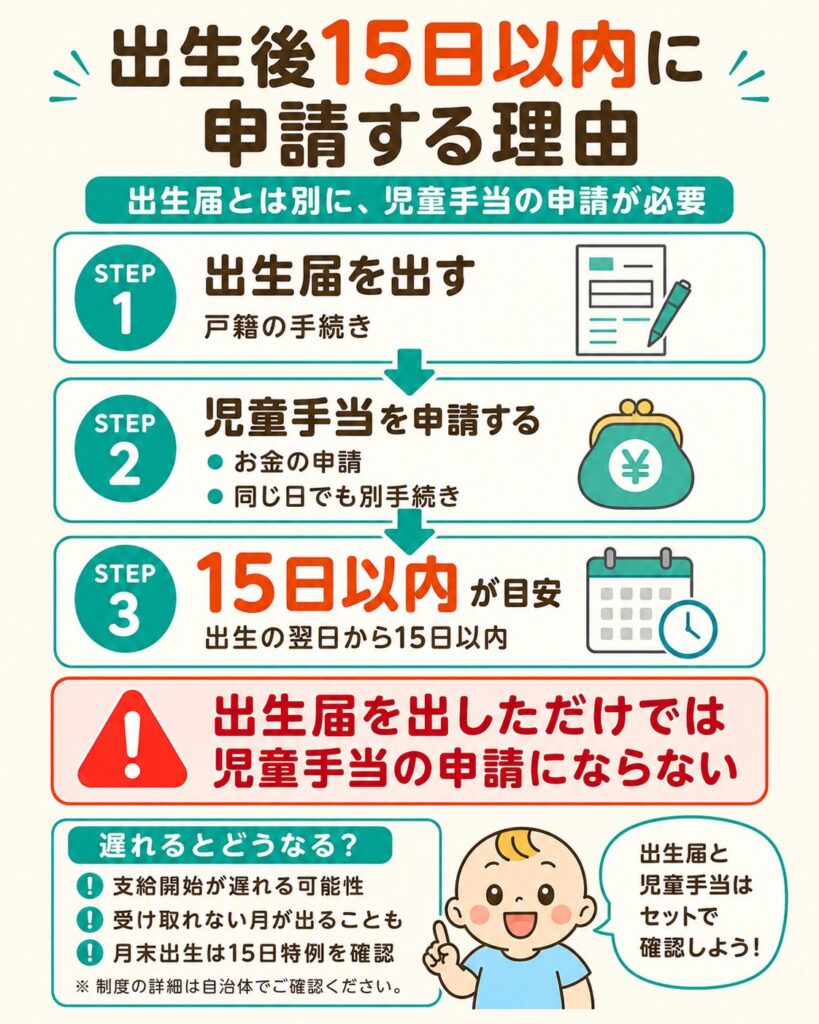 児童手当を出生の翌日から15日以内に申請する理由と遅れた場合の影響を示した図解
