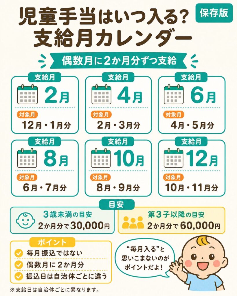 児童手当の支給月カレンダー（2月・4月・6月・8月・10月・12月の偶数月に2か月分ずつ支給）を示した図解