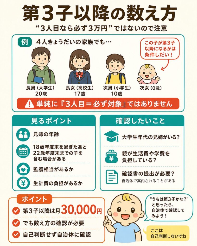 児童手当の第3子以降の数え方（22歳年度末までの兄姉を含めてカウントする場合がある）を示した図解
