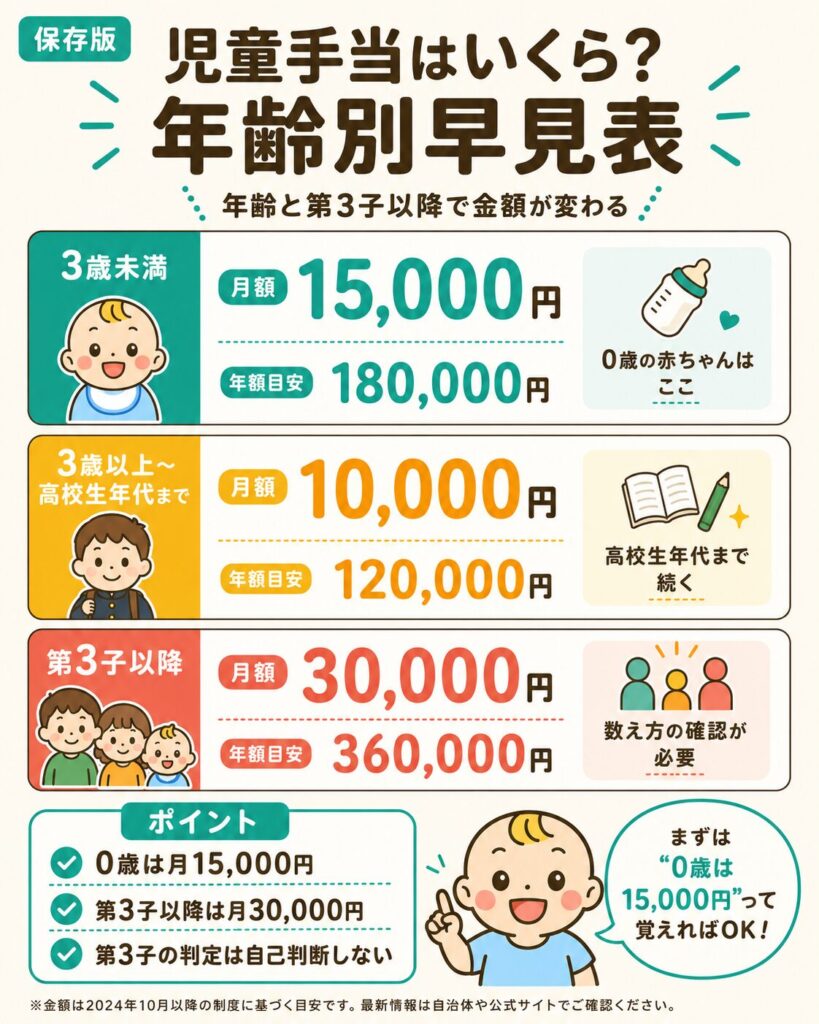 児童手当の年齢別支給額早見表（3歳未満は月15,000円・3歳以上高校生年代は月10,000円・第3子以降は月30,000円）の図解