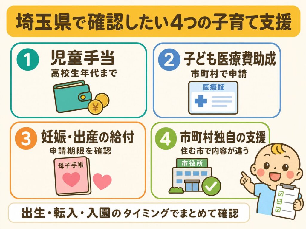 埼玉県で確認したい4つの子育て支援を示した図解