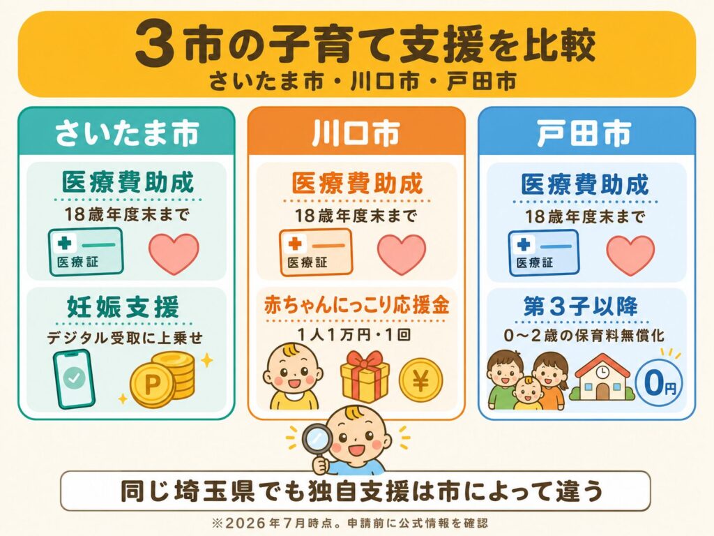 さいたま市・川口市・戸田市の主な子育て支援を比較した図解