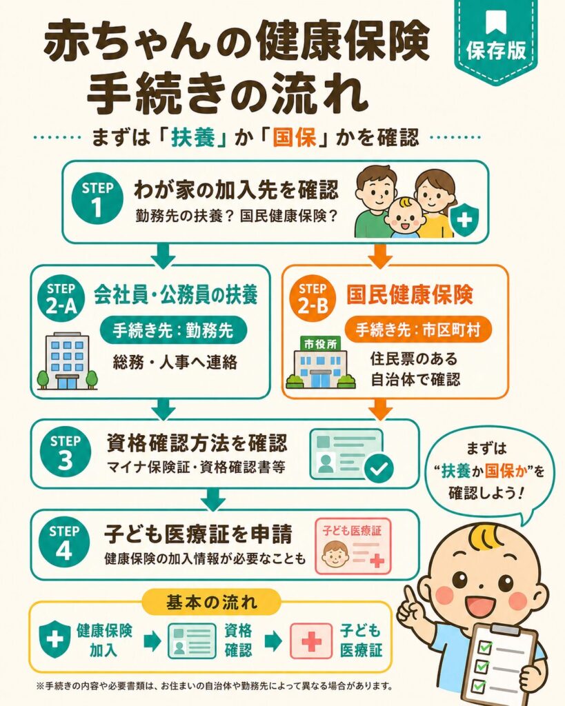 赤ちゃんの健康保険加入手続きの流れを示した図解。扶養か国保かを確認し、勤務先または市区町村で手続きする流れ