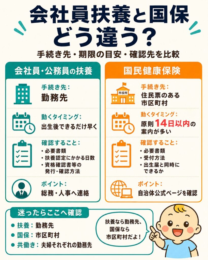 会社員の扶養追加と国民健康保険の手続き先・タイミング・必要書類の違いを比較した図解