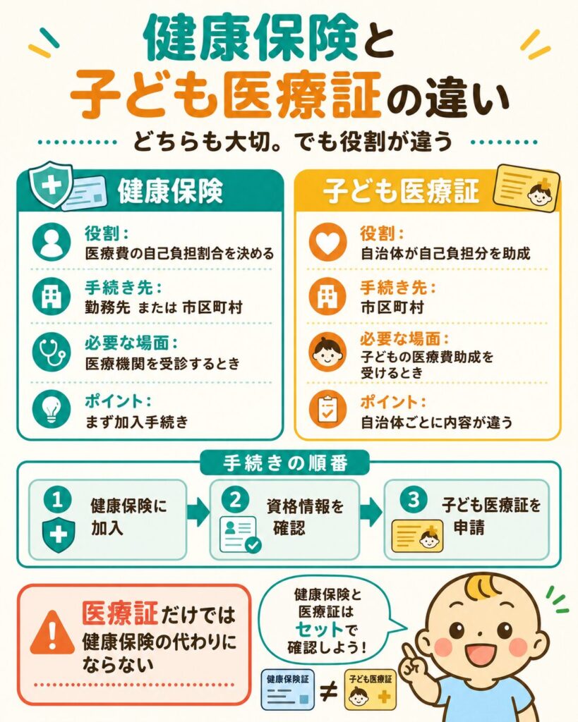 健康保険と子ども医療証の目的・手続き先・申請の順番の違いをまとめた図解