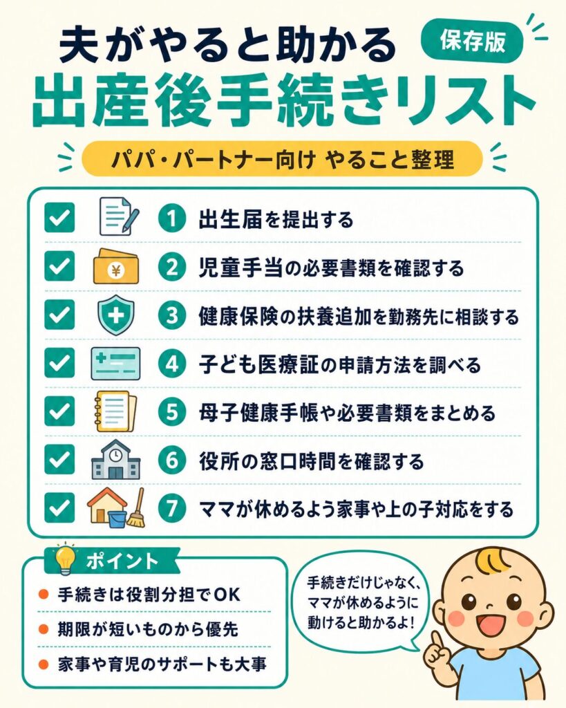 夫・パートナーが担当すると助かる出産後の手続きリストを示した図解