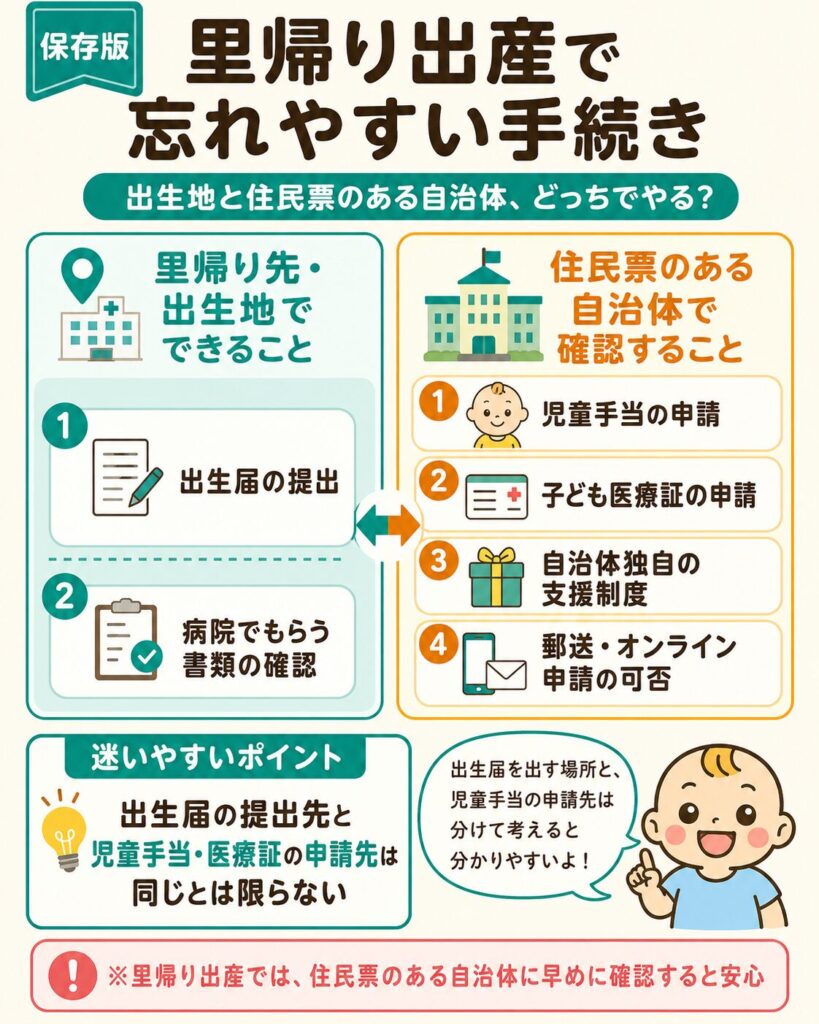 里帰り出産で忘れやすい手続きと申請先の違い(出生地と住民票のある自治体)を示した図解