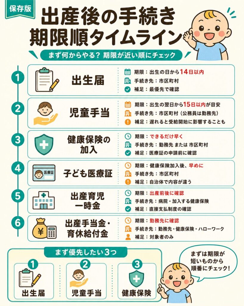 出産後の手続きを期限順に並べたタイムライン図解(出生届14日以内・児童手当15日以内目安など)