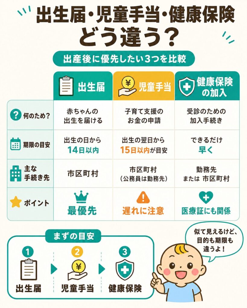 出生届・児童手当・健康保険加入の違い(目的・期限の目安・手続き先)を比較した図解