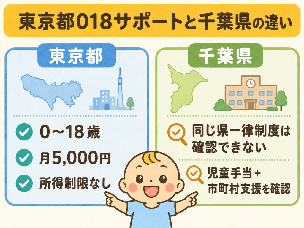東京都018サポートと千葉県で確認する子育て支援の違いを比較した図解