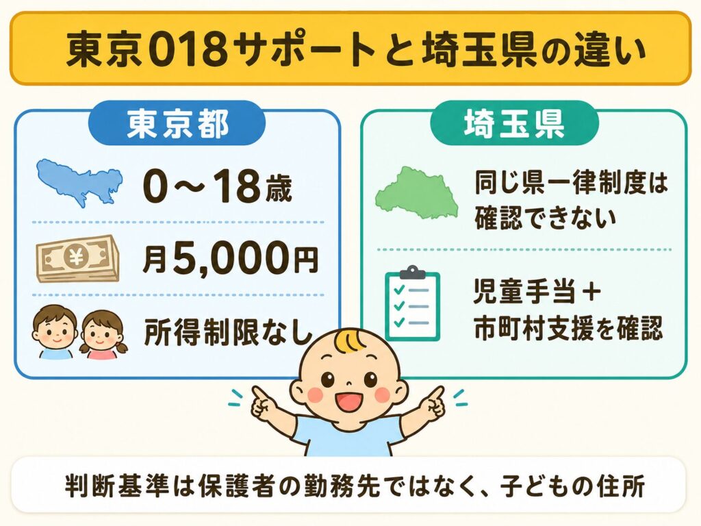 東京都018サポートと埼玉県の子育て支援の違いを比較した図解