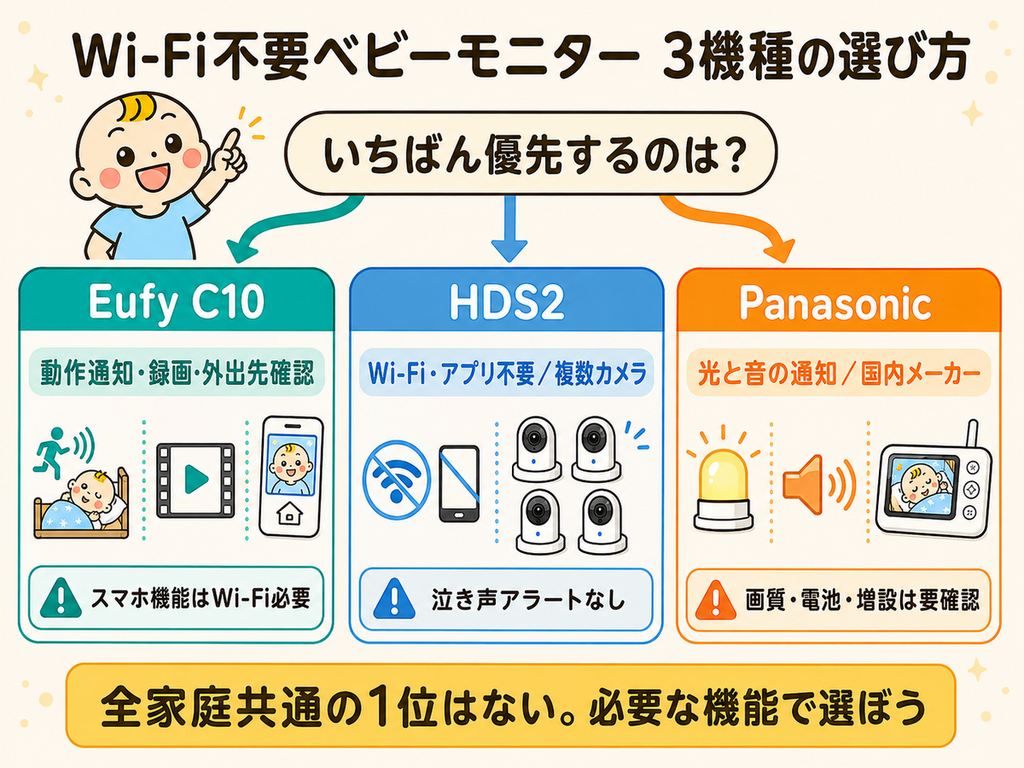 Wi-Fi不要のベビーモニター3機種の選び方。動作通知・録画ならEufy C10、複数カメラならHDS2、光と音の通知ならPanasonic KX-HC705