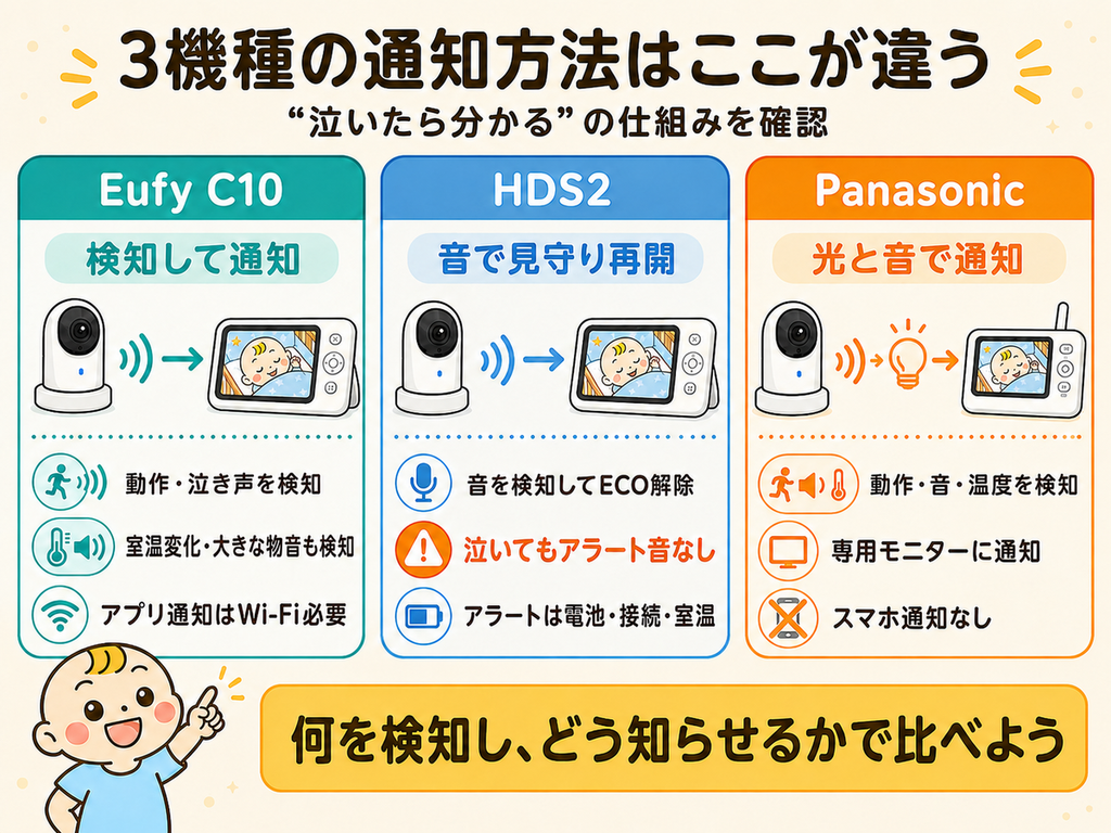 Eufy C10・HDS2・Panasonic KX-HC705の通知方法の違い。HDS2は泣いてもアラート音が鳴らない