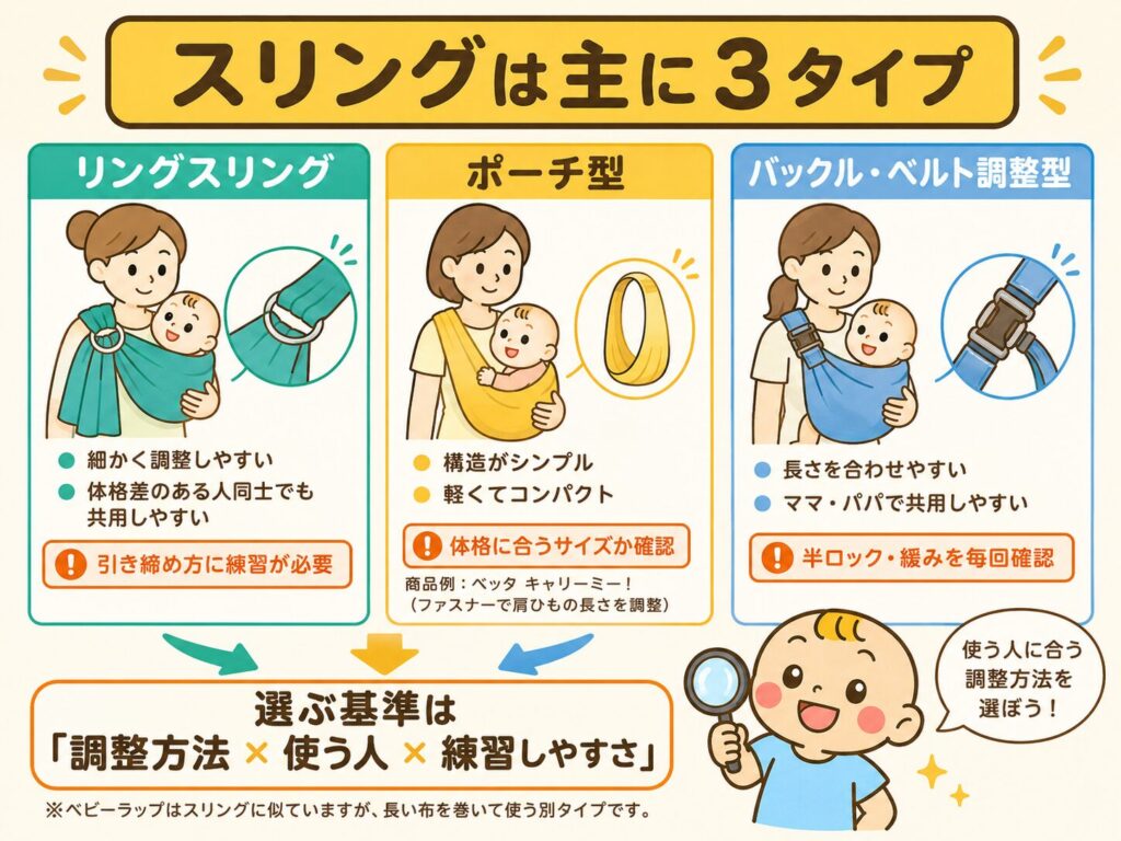 リングスリング・ポーチ型・バックル調整型の違い