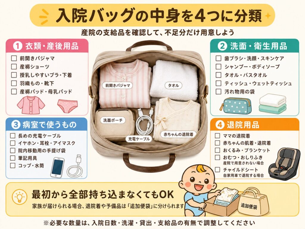 入院バッグの中身を衣類・衛生用品・病室用品・退院用品に分けた一覧