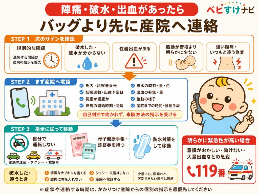 陣痛・破水・出血・胎動減少があったときの産院への連絡フロー